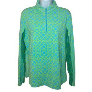 ICIKULS Geometric 1/4 Zip Pullover Top Blue Green Women Large Long Sleeve Mesh